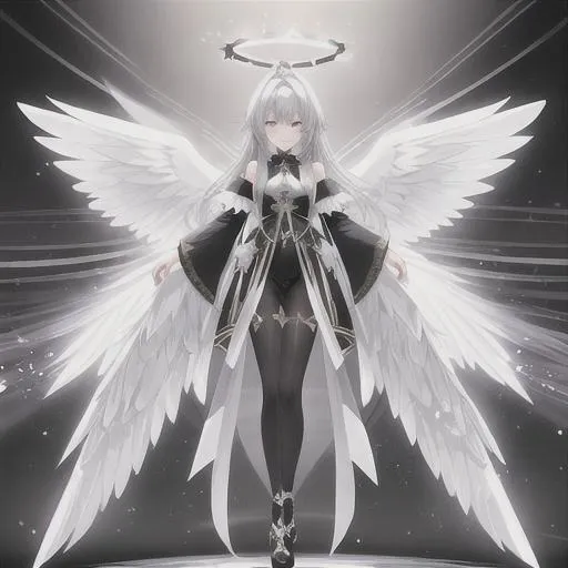 Prompt: full body shot of a angel with a black halo, grey hair and grey wings, he has massive wings and small wings from his head  