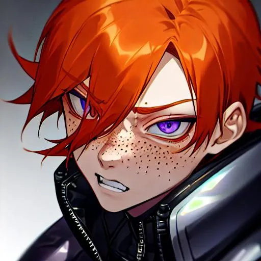 Prompt: Erikku male (short ginger hair, freckles, right eye blue left eye purple) UHD, 8K, Highly detailed, insane detail, best quality, high quality, in a biker outfit, riding a motorcycle