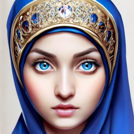 Prompt: blue eyes, nun, queen, hijab, crown