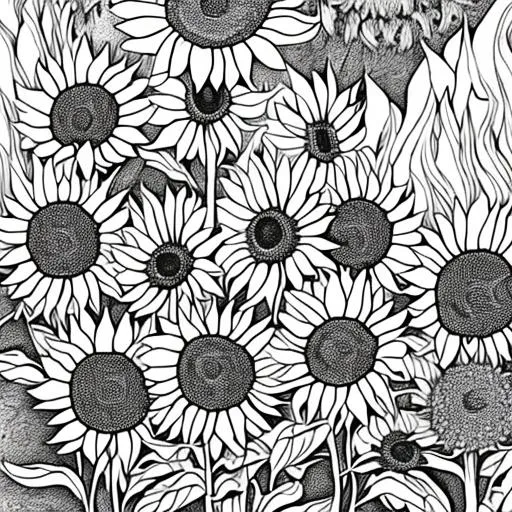 Prompt: Black and white coloring page of sunflowers
