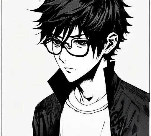 Prompt: Handsome young adult man with black hair, silver grey eyes, and glasses, wearing dark clothing. "Persona 4" anime art style. 