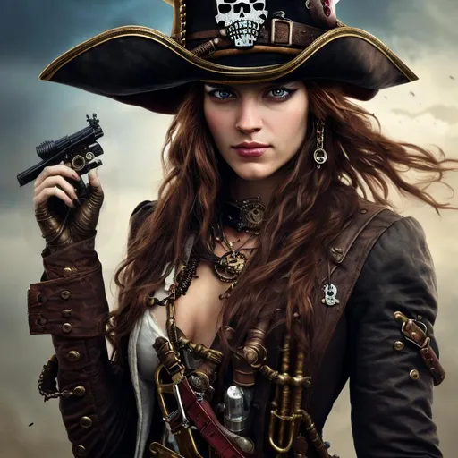 Prompt: Portrait of a woman, pirate hat, steampunk, pistol, rifle, compass, 8k, high definition, hyperrealist, fantasy, nail polish.