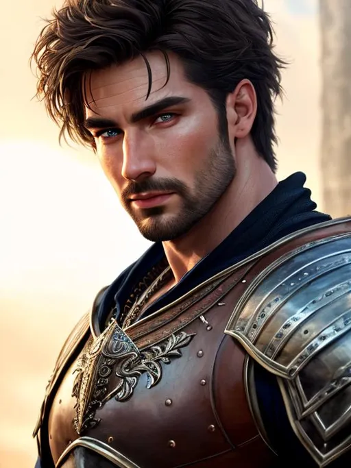 Prompt: UHD, 8k, high quality, ultra quality, cinematic lighting, special effects, hyper realism, hyper realistic, Very detailed, high detailed face, high detailed eyes, medieval, fantasy, man, gorgeous, strong man, fitness, warrior, armor