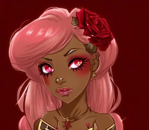 Prompt: Light pink hair, black girl, red rose in hair, red eyeshadow, red eyes, enchantress rpg.