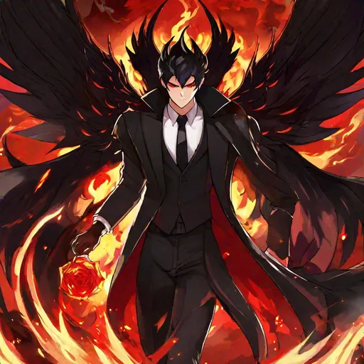 Prompt: Damien  (male, short black hair, red eyes) demon form, wearing a tuxedo, fighting, wearing a crown, angry, fire around him, wings spread
