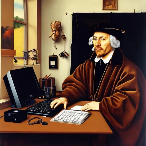 Prompt: computer desktop with keyboard and mouse, oil painting in the style of Hans Holbein