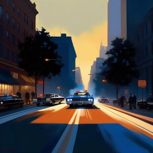 Prompt: GTA IV, car chase, cops, cartoony, dark blue atmosphere, extremely detailed painting by Greg Rutkowski and by Henry Justice Ford and by Steve Henderson