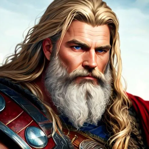 Prompt: Please produce a painted portrait of rugged thor, god of thunder, viking god, masculine, mature, handsome, upper body, flowy robe, muscular, hairy torso, fantasy, intricate, elegant, highly detailed, digital painting, artstation, concept art, smooth, sharp focus, illustration