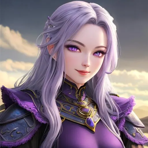 Prompt: Oil painting, landscape, UHD, 8K, highly detailed, panned out view of the character, visible full body, ethereal, unnatural purple-skinned monster void girl, beautiful detailed face, discrete smile, grey hair, purple eyes with slitted pupils and a third eye on her forehead. No head decorations. Wearing purple armor. She is a nightmarish empress. She wears thigh-high socks under the armor, which ends in a skirt, golden jewelry, black long cloak, with large protrusions on her shoulders which are actually horns. (She is standing looking at the viewer from 5 meters in a strange planet on the outer space, where other planets can be seen)