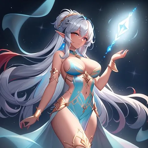Prompt: (Masterfully crafted Glow, blue lens flare:1.1) behind, hyperdetailed full-body painting of a 

ethereal, unnatural grey-skinned night elf goddess ((((barely clothed:1,8)))), with ((long red hair)), (bioluminescent hair:1.1), wearing a delicate silver  gothic armor with golden filigree details and ornamental pauldrons, 

filigree drapery, luis royo, sorolla, vivid colors, insectoid parts,

style of Fragonard and Yoshitaka Amano (light hair with flowers, messy), ropes, ((forest background)), bioluminescent, (wearing intricate clothes), vines, delicate, soft, fireflies, spiders, spider webs, webs, silk, threads, ethereal, luminous, glowing, dark contrast, celestial, ribbons, trails of light, 3D lighting, soft light, vaporware
