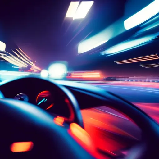 Prompt: car chase, inside view, speed, night, blurred 