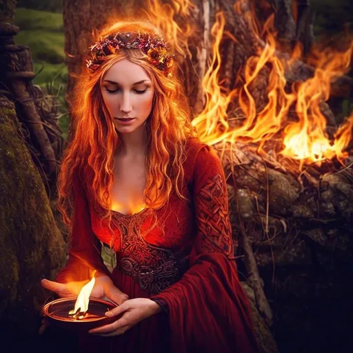 Prompt: celtic pagan goddess: Bridgid. Fire, herbal healing, water well, woman. red warrior goddess.