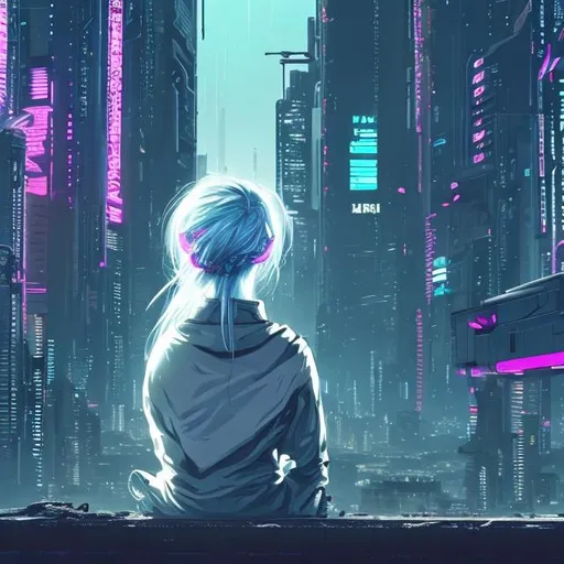 Prompt: cyberpunk setting. white haired woman sitting down looking out over a city. Seing the woman from behind. no face
