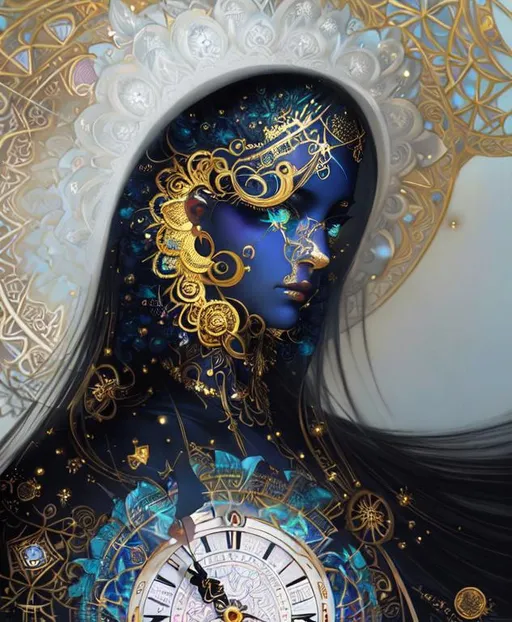 Prompt: A time clock beautiful goddess. She controls the time. Beautiful symmetrical face. Light golden eyes. Internal Clocks parts all over her beautiful gradient blue dress. A very elaborate illuminated magical colorful fractal clock on the center of her dress. Opalescent skin glow. Intricate metallic details. beautiful background. Art by Tom Bagshaw, Karol bak, catrin Welz-Stein, Josephine wall, Sherry Akrami, artgerm, Alex Alemany. Best quality, cinematic smooth, highly detailed, beautifully lit. 