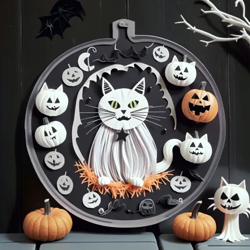 Prompt: halloween decorations withs ghosts, pumpkins and a spooky cat