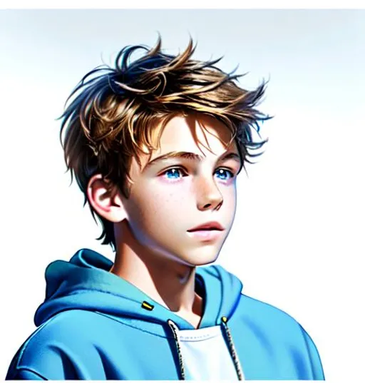 Prompt: Hyperrealistic Hyperrealism (3/4 view of face)++ (head turned)++ (side view) portrait,  facing camera Beautiful young teen boy, (kid) (messy hair)+ lightbrownhair boy, hair, sharp gaze, blue eyes, innocent, boy model, 16 years old, hot, pretty, cute, hoodie zipper, cinematic lighting, blue sky, bright colors, blue, green, yellow, white,  luminous, hyperdetailed, great composition, professional, artstation award, (white background)++ 