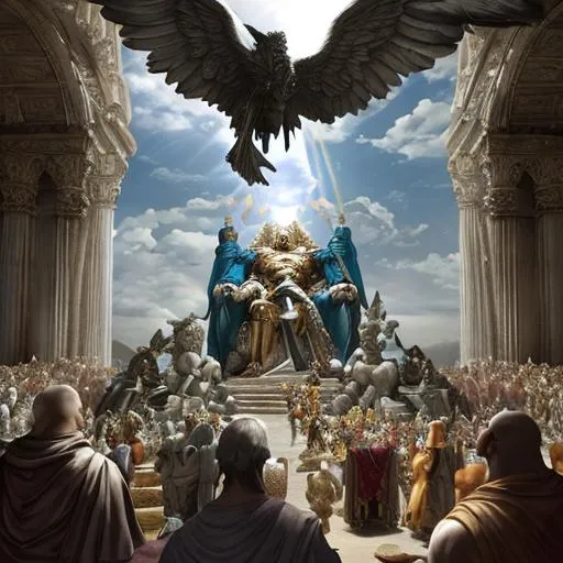 Prompt: The gods of mankind gather against the God of heaven and earth. Photorealistic. Hyperrealistic.