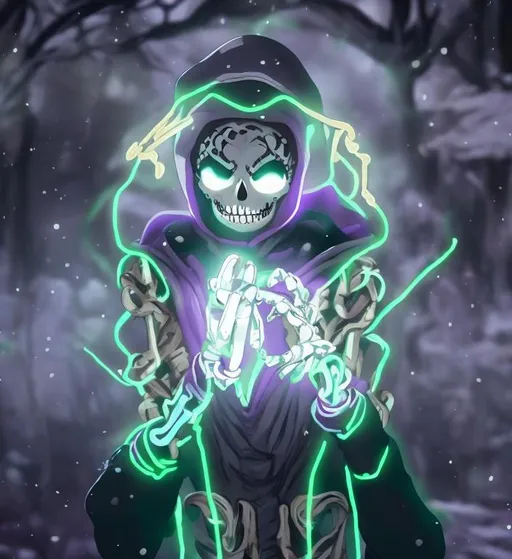 Prompt: A slim 5'9 skeleton with glowing eyes and wearing a purple and green hoodie with a gold heart locket pendent and black fingerless gloves smiling in a snowy forest animated undertale