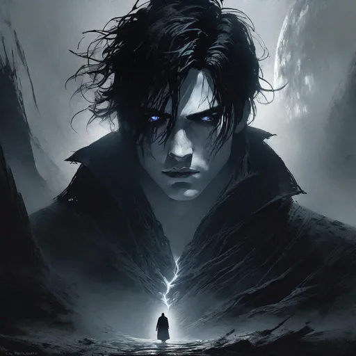 Prompt: (concept art of detailed character design), a young male shadow sorcerer, detailed face, black clothes, black hair, black mist coming out of hand, wearing a long coat, Gloomy lighting, in a dark room, moonlight, Fantasy, digital art, 8k, trending on artstation,  by Greg Rutkowski, insanely detailed, trending on art station, by pascal blanche, Rutkowski, D&D character art