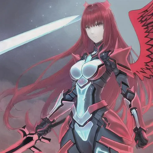 Prompt: butiful electric girl x ray giant sword armour red tall wings long hair aestetic red yellow