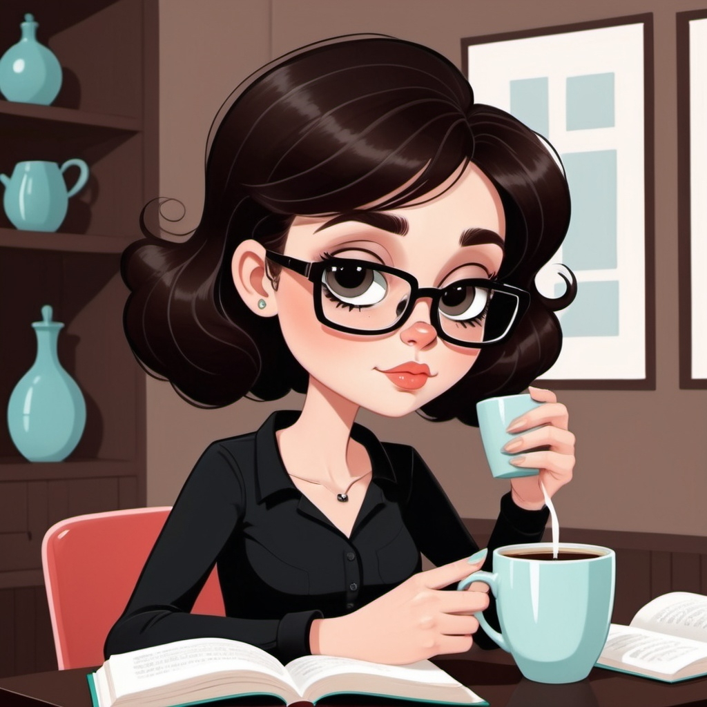Powerpuff girls cartoon style illustration of a White woman with square glasses and a black shirt w