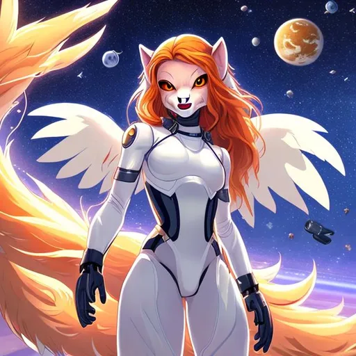 Prompt: angelic andromorphic humanoid furry fox girl 
drone weaving the fabric of space and time and creating 
