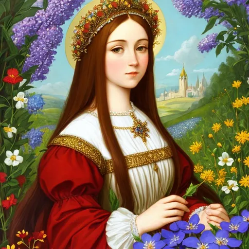 Prompt: Catherine of Aragon as a fairy goddess, surrounded by wildflowers, closeup