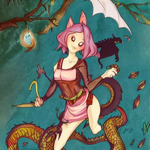 Prompt: Dragon girl flying with a cat 