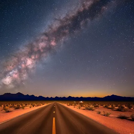 Prompt: Empty desert road at night