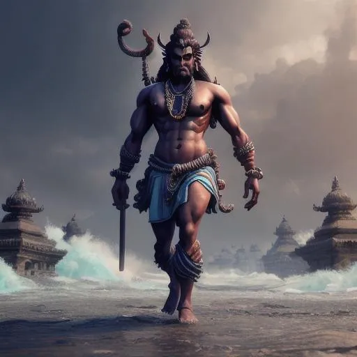 Prompt: God Shiva riding tidal tsunami, dark waters, armed with traditional Hindu weapons, Cobra necklace, battle stance, bearded, hd, hyperrealism, glowing eyes, powerful aesthetic, unreal engine, fantasy art 4k, ultra HD render