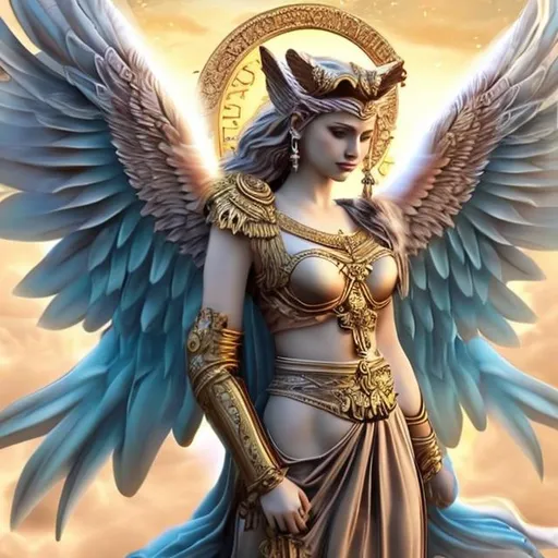 Prompt: Realistic Very majestic Greek like cat goddess with epic majestic wings, gold pink and blue