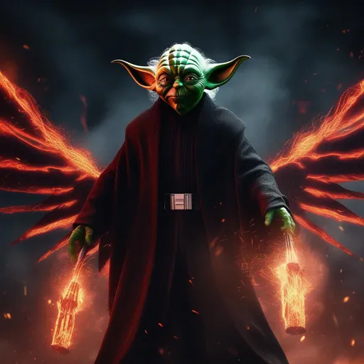 Prompt: sith Yoda, demon wings, from hell, fire skin, in flames, face looking like the joker, big smile, dressed in black mantle, wearing black clothes, red laser, photorealism, hyper detailed texturing, high resolution, best quality, UHD, HDR, 8K