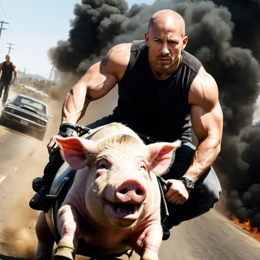 Prompt: Fast and furiosi poster. Vine diesel riding on a pig 
