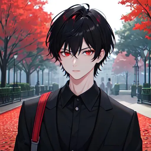 fond-ibex817: Black Haired anime boy with red eyes wearing a white dress  shirt with collar down and a black overcoat no tie