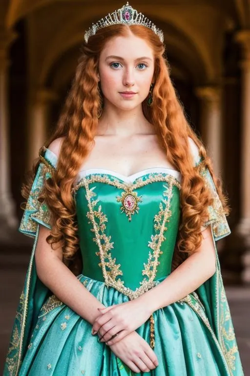 Prompt: 4K, 16K, picture quality, high quality, highly detailed, hyper-realism, ethereal beauty, beautiful woman, wearing a highly detailed medieval princess dress outfit, with the background of the palace, long ginger hair, green eyes, female, ginger long hair (curly), wearing a tiara.