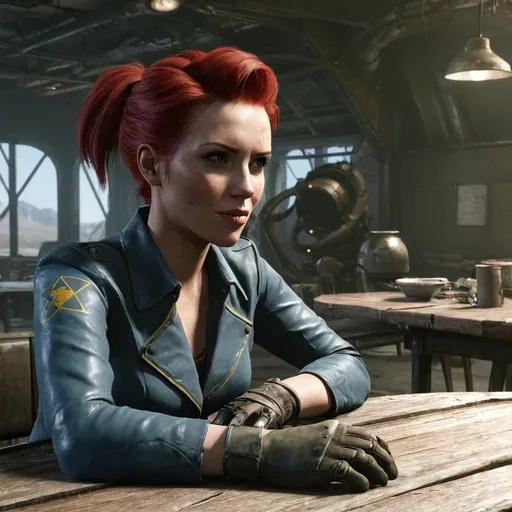 Prompt: Woman with redhair on table in fallout universe