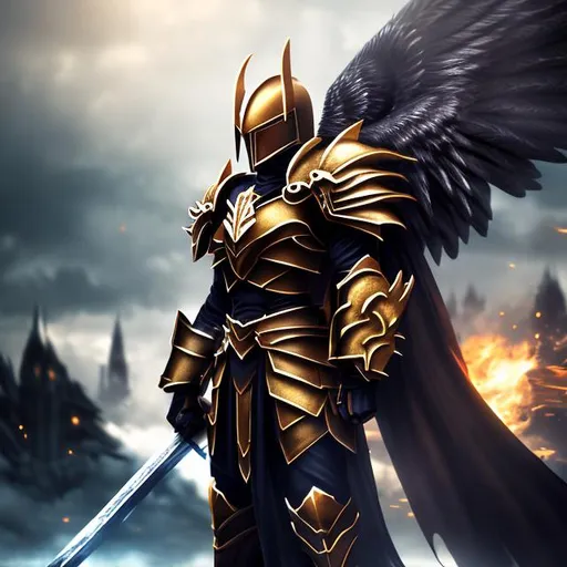 Prompt: Splash art, anime, Portrait, Spartan, phalanx, dragonslayer, golden armor, wings, flames, dark fantasy atmosphere 