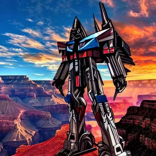 Prompt: Beautiful picture of Transformer Starscream (decepticon) in the grand canyon. Hight detailed, film style, transformers prime style 