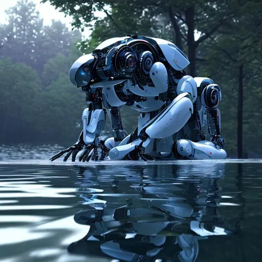 Prompt: An AI robot gazing at its reflection in water.