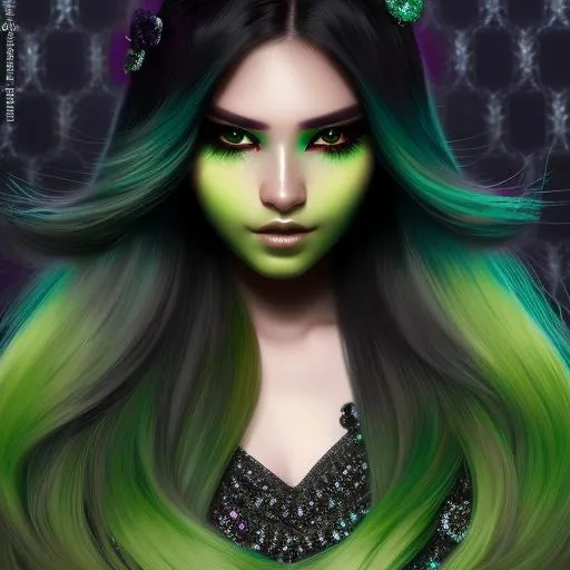 Prompt: A alien empress, beautiful face, stunning snake green eyes, ombre gradient green hair, green sculptural 
dress made of gradient green snake scales details by pino daeni, tom bagshaw, Cicely Barker, Daniel Merriam, intricate details by Andrew atroshenko, James Jean, Mark Ryden, charlie bowater, WLOP, Jim Burns, Megan duncanson, beautiful face, full body photo, very detailed, high definition, crisp quality, cinematic smooth, cinematic lighting, ultrarealistic, crispy focus 