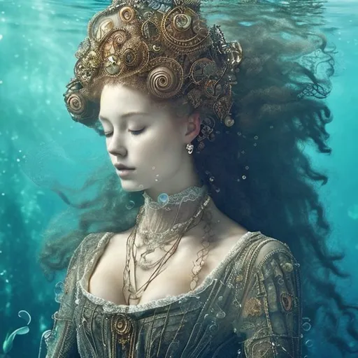 Prompt: woman in 16th century dress underwater sleeping.  hair, elaborate hair, fabric, lace, bubbles. crown, jewels, queen.