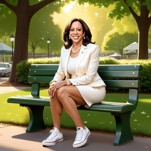 Prompt: (realism style), cartoon-like representation of Kamala Harris, (warm color scheme), wearing a pearl white skirt outfit, adorned with a string of white pearls around her neck, matching pearl white earrings, stylish white Chuck Taylor sneakers, sitting on a park bench, lush green park background, soft sunlight illuminating the scene, ultra-detailed, inviting and cheerful ambiance.