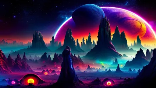Prompt: Enigmatic alien world, contrasting darkness and vibrant hues, celestial jewel in the sky, extraterrestrial landscape, captivating chromatic mysteries, mesmerizing interplanetary vista, high-detail alien terrain, cosmic twilight.