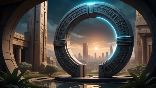 Prompt: magical portal between cities realms worlds kingdoms, circular portal, ring standing on edge, upright ring, freestanding ring, hieroglyphs on ring, complete ring, ancient babylonian architecture, gardens, ruins, turned sideways view, futuristic cyberpunk tech-noir setting