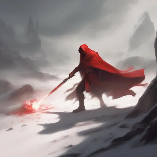 Prompt: A hero fallen before a mage in red robes