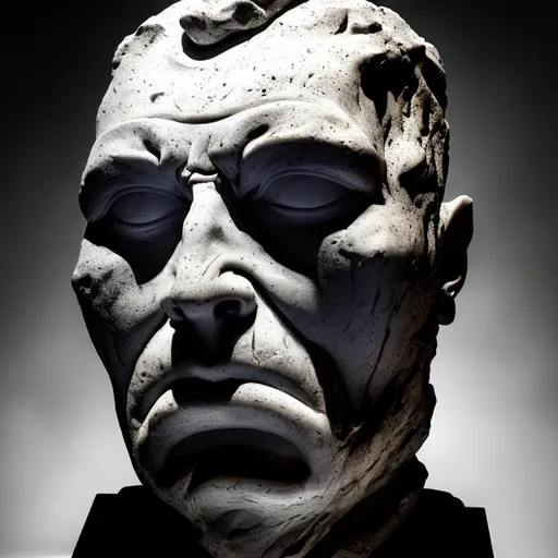 Prompt: An stone sculpture of a human head slightly distorted from melting. the head is looking into the distance toward the left.
the head is obscure and mysterious looking. Looks like it is made from stone sculpture. black background. cinematic lighting. furrowed brow. wretched face. mysterious. could be a monster. imperfect face. cracked. broken. 