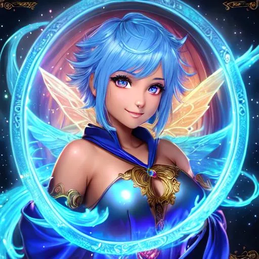 Prompt: oil painting, fantasy, Pixie girl, tanned-skinned-female, beautiful, short bright blue hair, straight hair, rosy cheeks, smiling, looking at the viewer, summoner wearing intricate robes casting a spell, #3238, UHD, hd , 8k eyes, detailed face, big anime dreamy eyes, 8k eyes, intricate details, insanely detailed, masterpiece, cinematic lighting, 8k, complementary colors, golden ratio, octane render, volumetric lighting, unreal 5, artwork, concept art, cover, top model, light on hair colorful glamourous hyperdetailed medieval city background, intricate hyperdetailed breathtaking colorful glamorous scenic view landscape, ultra-fine details, hyper-focused, deep colors, dramatic lighting, ambient lighting god rays, flowers, garden | by sakimi chan, artgerm, wlop, pixiv, tumblr, instagram, deviantart