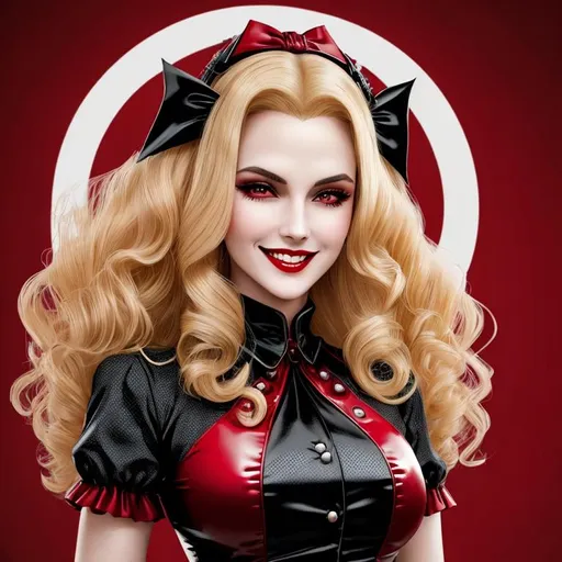 Prompt: Female vampire inspired by Alucard from Hellsing, 1950's housewife, wearing Short Sleeve polka dot Dress, ({short curly blonde hair} with red highlights), she is looking down at the viewer, vampire the masquerade, detailed symmetrical face, attractive face, full body picture, vicious grin showing perfect teeth, side eye, cyberpunk night time style background, well lit by street lights, vampire, Clan Tremere