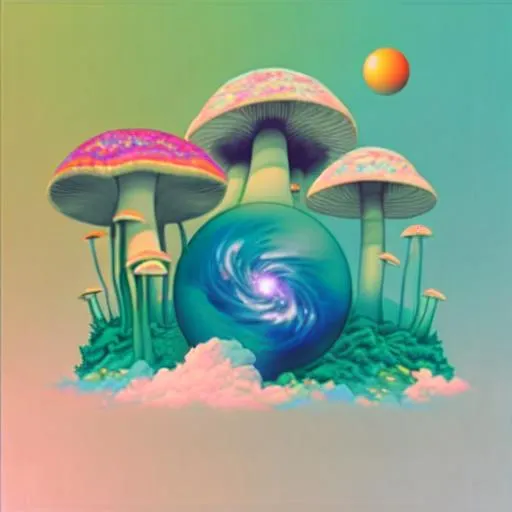 Prompt: Vaporwave, flowers, giant fungi, planets, collage, Psychedelic Art, 80's colors and clouds,
