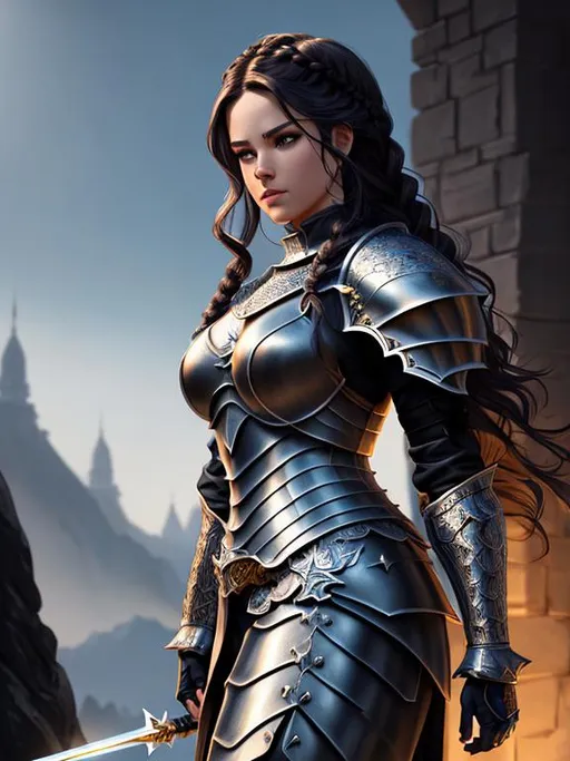 Prompt: digital illustration, D&D, full body, knight,
Full HD render + immense detail + dramatic lighting + well lit  + fine | ultra - detailed realism, lighting, high - quality, comic style, braids, wavy hair, perfect anatomy, centered, approaching perfection, dynamic, highly detailed, artstation, concept art, smooth, sharp focus, illustration, art by Carne Griffiths and Wadim Kashin, centered, symmetry, painted, intricate, volumetric lighting, beautiful, rich deep colors masterpiece, sharp focus, ultra detailed, in the style of dan mumford and marc simonetti, astrophotography
